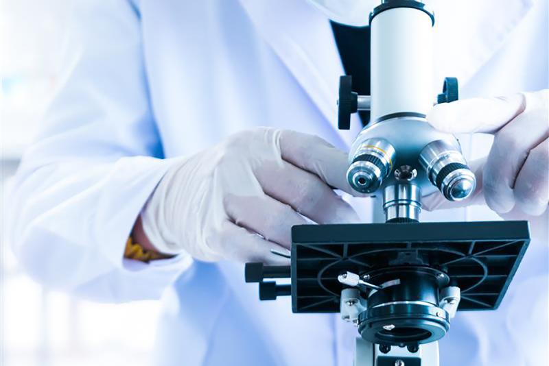 A researcher works with a microscope.