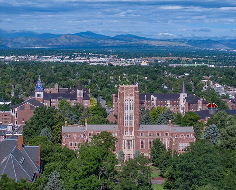 Drone shot of the DU campus